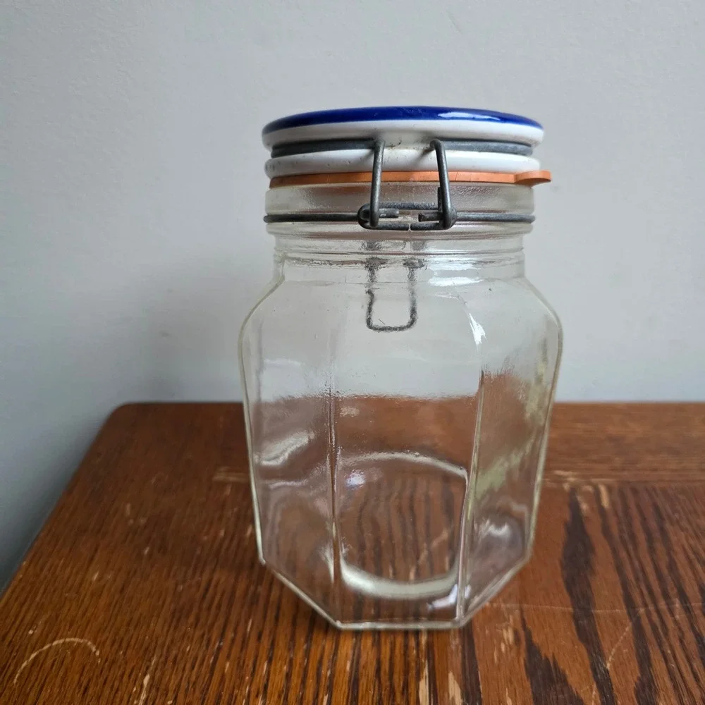 Vintage Italy Glass Goose Canister Jar Blue Geese Cottagecore Wire Bail Lid 7in